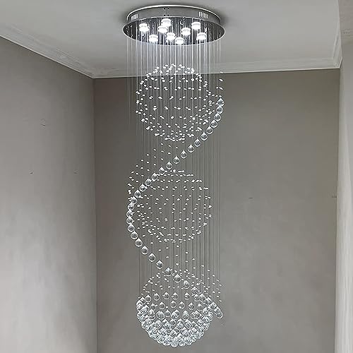 SEFINN FOUR Modern Crystal Chandelier Spiral Sphere Design 9 Light Crystal High Ceiling Light Chandelier for Living Room Hotel Stairs Foyer Entryway Height 79 inch Flush Mount Diameter 24 inch