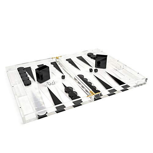 TIZO Elegant 18” Lucite Backgammon Set, Lucite Chips & Cups with Magnetic Closure, Elegant & Practical Boutique Quality Home Décor, Clear, Black & White