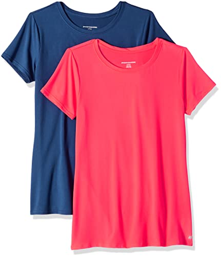 Amazon Essentials Women's Tech Stretch Short-Sleeve Crewneck T-Shirt (Available in Plus Size), Pack of 2, Bright Pink/Navy, Medium