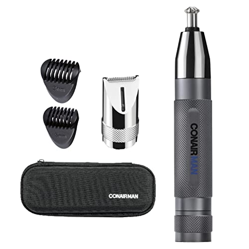 ConairMan Nose Hair Trimmer for Men, For Nose, Ear, and Eyebrows, Patent 360 Bevel Blade for No Pull, No Snag Trimming Experience, Cordless Trimmer 5 piece Set with Professional Metal Handle