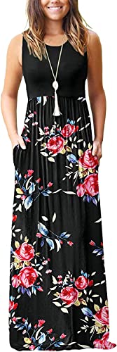 AUSELILY Womens Casual Loose Long Pockets Print Floral Pleated Dress Sleeveless Maxi Dresses for Women,Rose Black 2XL