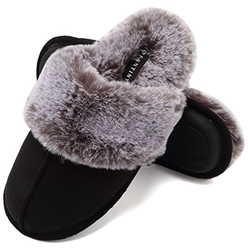 CIOR Women’s Memory Foam Slippers Faux Fur Lining Slip-on Clog Scuff House Shoes Indoor & Outdoor-U118WMT010-20-black-F-42.43