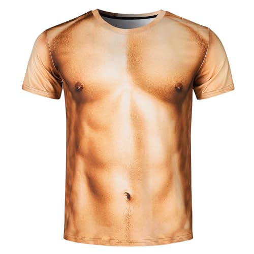 Goodstoworld Unisex 3D T Shirts 6 Pack Abs Tshirt Ugly Muscle Graphic for Men Rave Gift Short Sleeve Tan Tees Women Unique T-Shirts XX-Large