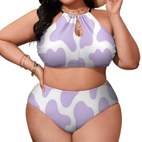 Women's Plus Size Sexy Strappy Bikini Fashion Swimsuit Bottoms Triangle Halter Bikini Top Cow Print Purple Two Piece Swimwear Bathing Suit