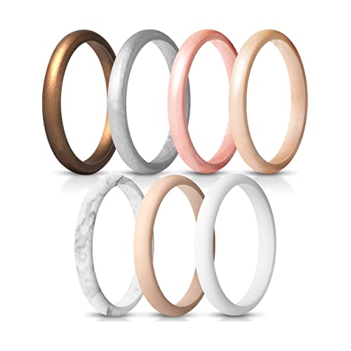 ThunderFit Women's Band Rings Thin and Stackable Silicone Rings Wedding Ring for Women - 7 Pack (Bronze, White, Rose Gold, Silver, Light Pink, Marble, Light Rose Gold, 5.5-6 (16.5mm))