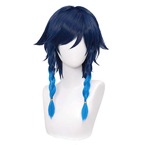 SL Navy Blue Wig for Venti Cosplay Costume 2 Tone Anime Braided Hair Wigs with Braids Ponytails Bangs + Cap