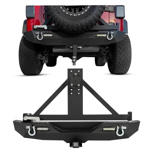 HECASA Rear Bumper Compatible with 2007-2018 Jeep Wrangler JK w/Lockable Tire Carrier w/2' Receiver w/18W High Powered LED Floodlights Steel Textured Black 2 Packages