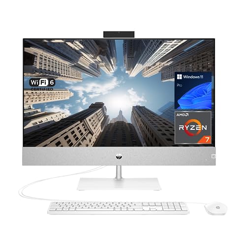 HP Business Pavilion 27' All in One Desktop, AMD Ryzen 7 5700U Processor, 64GB RAM, 2TB SSD, Micro-Edge, Anti-Glare, Wi-Fi 6, Webcam, HDMI, Wired Keyboard&Mouse, Windows 11 Pro, White