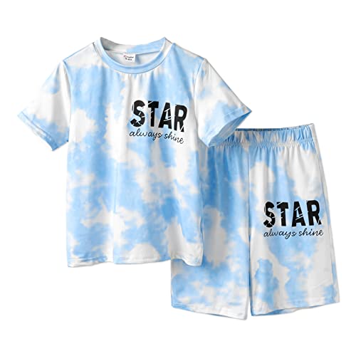 PATPAT Boy's 2 Piece Outfits Tie Dye Print Short Sleeve Tee Shirt and Shorts Set, Light Blue, 11-12 Years