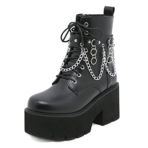 mikarka Women's Chain Platform Boots Lace Up & Zipper Chunky Heel Black Combat Ankle Booties Fashion Studded Motorcycle Boots