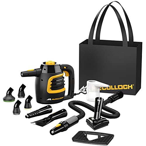 McCulloch MC1230 Handheld Steam Cleaner with Extension Hose,Quick heat-up time, 11-Piece Accessory Set, Chemical-Free Cleaning for Tile, Black
