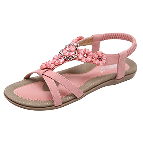 Womens Flats Sandals 2024 Summer Dressy Casual Flats Sandals With Floral T-Strap Flip Flop Thong Sandal Casual Comfy Pink, 9