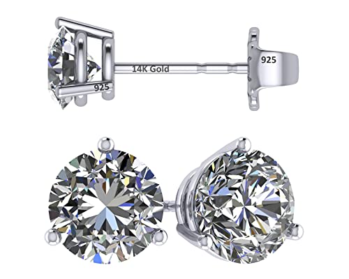 Central Diamond Center 14K Gold Post & Sterling Silver Zirconia 3 Prong Martini Stud Earrings - Platinum Plated 8.00mm 4.00cttw
