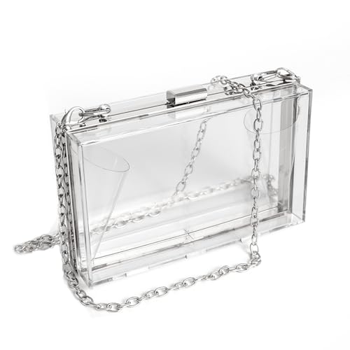 WJCD Clear Purses For Women Acrylic Clear Clutch Bag,Clear Purse Clear Clutch Purse Shoulder Handbag With Removable Chain (Silver)