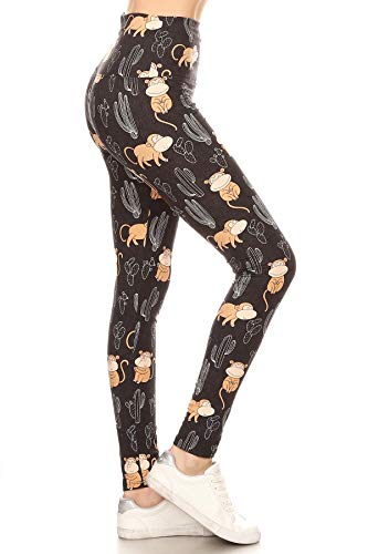 LY5X-S728 Cactus and Monkey Yoga Print Leggings, Plus Size