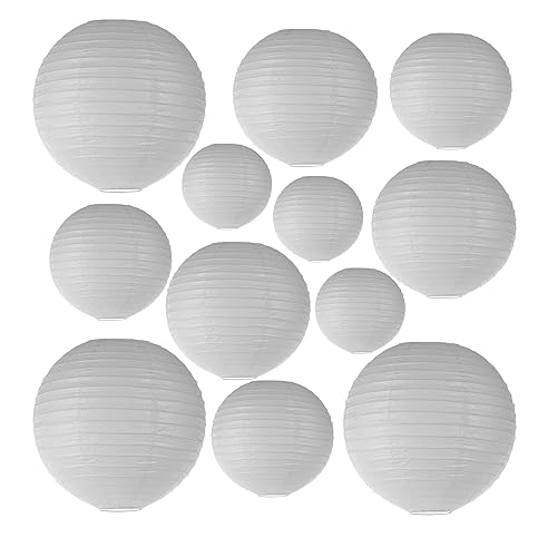 White Chinese Paper Lanterns 12pcs Assorted Sizes (6' 8' 10' 12' Inch), Paper Lanterns Decorative for Party Decorations, Hanging Round Paper Lanterns