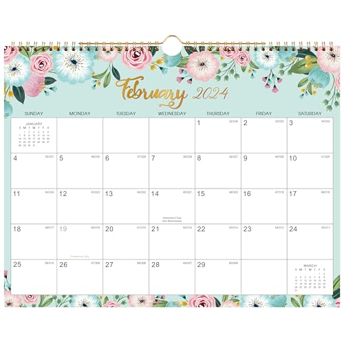 2024 Calendar - 12 Monthly Wall Calendar 2024 with Thick Paper, January 2024 - December 2024, 15' x 11.5', Twin-Wire Binding + Hanging Hook + Large Unruled Blocks with Julian Dates - Floral