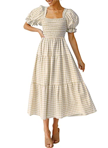 ZESICA Women's 2024 Bohemian Summer Plaid Square Neck Puff Sleeve Ruffle Flowy Beach Midi Dress,Beige,Small