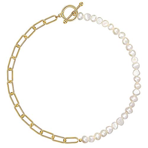 Cowlyn Paper Clip Pearl Necklace Vintage Chunky Link Chain Baroque Cultured Pearls 18K Gold Choker Fashion Retro Charm Valentine Jewelry for Women Girls