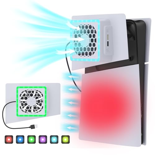 PS5 Slim Cooling Fan with PS5 Slim Plate Cover for Playstation 5, PS5 Slim Accessories with Adjustable Cooler Fan RGB LED Lights and 2 USB HUB for PS5 Slim Digital and Disc
