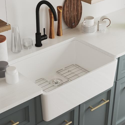 Farmhouse kitchen sink, DeerValley DV-1K116 24' L x 16' W Ceramic Single Bowl Farm Kitchen Sinks, White Apron Front Farm Sink with Grid Accessories Protective Bottom Grid and Strainer