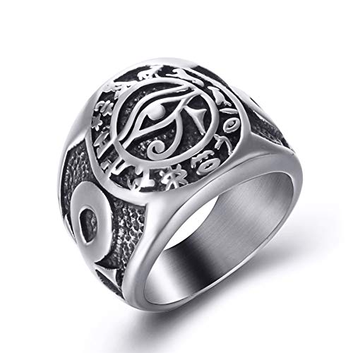 ELFASIO Men Stainless Steel Rings Egyptian Eye of Horus Cross of Life Ankh Hieroglyphics Text Symbol Vintage Size 13