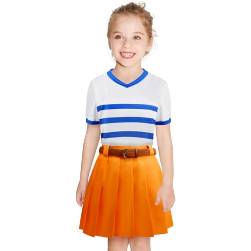Mukola Kids Nami Costume Girls Anime TV Nami Cosplay T-shirt Pleated Skirt Belt Adventure Outfits Halloween Party
