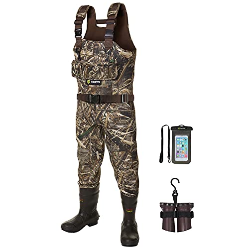 TIDEWE Hunting Wader, 5mm Neoprene Chest Waders with 1400 Gram Insulation Rubber Boots, Waterproof and Durable Seam Sealed Bootfoot Chest Wader for Fishing and Hunting (Realtree Max 5 Size 10)