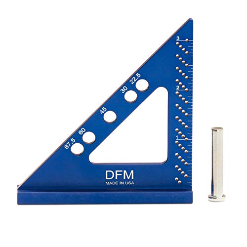 DFM Precision Engineering Square - Made in USA Small Carpenters Square Work Tools w/Fixed Miter Angle Pin 3.5' x 3.75' Size for Pocket 1/16' Scribe Holes 5 x 1/4' Pin Holes (English - Blue)