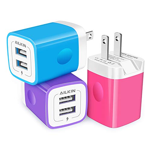 3Pack AILKIN Fold Wall Charger, USB Charging Plug, AC Adapter Cube Fast Charging Block Box for iPhone SE/11Pro Max/XS/XR/10/8/7/6S/6S Plus, Samsung Galaxy Edge, LG, HTC, One Plus, Moto, Kindle