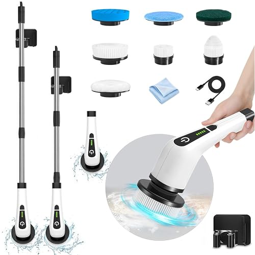 LOSUY Electric Spin Scrubber, Cordless Cleaning Brush with 7 Replaceable Drill Brush Heads and 54 Inch Adjustable Extension Arm, Power Shower Scrubber for Bathroom, Kitchen, Floor, Tile, Tub