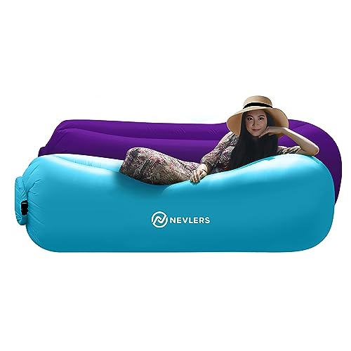 Nevlers 2 Pack Blue & Purple Inflatable Loungers Air Sofa Perfect for Beach Chair Camping Chairs or Portable Hammock and Includes Travel Bag Pouch and Pockets | Camping Accessories Blow up Lounger