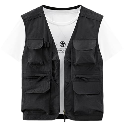 Gihuo Mens Fishing Vest Summer Outdoor Work Vest Utility Safari Travel Lightweight Sleeveless Jackets with Pockets（Black-L）