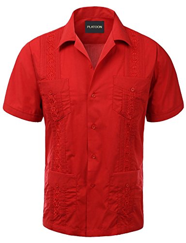 Platoon Guayabera Short Sleeve Mens Cuban Shirt Wedding Cigar Beach Bartender (M, Red)