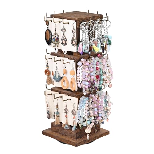 Ikee Design Elegant Wooden Rotating Jewelry Tower, 36 Hooks for Earrings, Bracelets, and Keychains, Versatile Countertop Rack for Store, Tradeshow, and Home, Brown Color