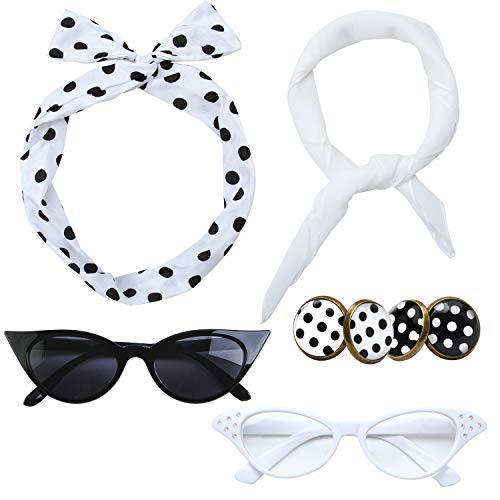 Aneco 6 Pack 50s Set Chiffon Scarf Cat Eye Glasses Bandana Tie Headband Earrings