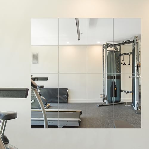 Delma Home Gym Mirrors, 12'' x 12'' Glass Mirror Tiles (16 PCS), Square Large Wall Mirror for Home Gym, Bedroom, Door,Bathroom, Frameless Mirror Sets