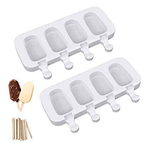Ouddy Life Popsicle Molds Set of 2, Ice Pop Molds Silicone 4 Cavities Ice Cream Oval Cake Pop Mold with 50 Wooden Sticks for DIY Popsicle, Clear