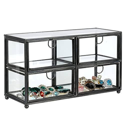 MyGift Glass Jewelry Box, 4-Drawer Vintage Black Metal & Clear Jewelry Storage Organizer, Decorative Keepsake Display Box