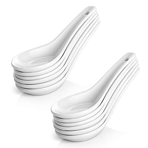 DOWAN 5.3' Asian Soup Spoons Set of 12 - White Ceramic Dessert Spoons- Perfect for Pho, Miso, Wonton, Ramen, Dumpling, Macaron - Dishwasher & Oven Safe