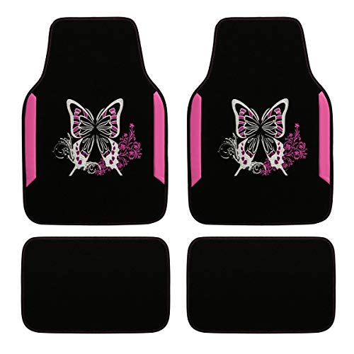 CAR Pass Embroidery Butterfly Car Floor Mats, Leather Pink Carpet Floor mats with Heel Pad for Cute Women Girl, Universal Fit for Suvs,Sedans,Trucks,Cars, Set of 4 (Black and Pink)