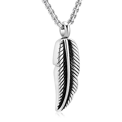 Oinsi Stainless Steel Feather Urn Necklace Hold Cremation Ashes Keepsake Memorial Jewelry +Box+Fill Kits
