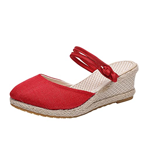 Women's Platform Sandals Casual Summer, Open Toe Elastic Ankle Strap Wedge Sandal Dress Shoes Casual Strappy Slip on Sandals 11-Red, 7.5