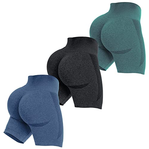 ZXQUII 3 Piece Seamless Workout Shorts for Women High Waist Scrunch Butt Lifting Tummy Control Yoga Gym Athletic Biker Shorts (M,G/DG/B)