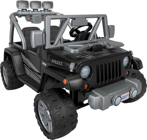 Power Wheels Jeep Wrangler Willys Ride-On Battery Powered Vehicle with Sounds & Lights for Preschool Kids Ages 3+ Years, Black