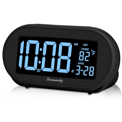 DreamSky Alarm Clocks for Bedrooms, Auto Set Digital Desk Clock for Bedside Nightstand, Electric Clock with Dimmable Brightness Dimmer, Auto DST, USB Port, Date, Temperature, Snooze