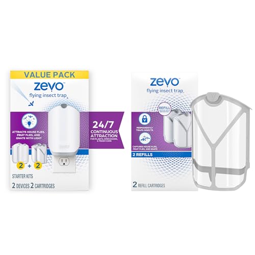 Zevo Flying Insect Trap, Fly Trap Value Pack + Refill Cartridge Pack (2 Plug-in Base + 4 Total Refill Cartridges)