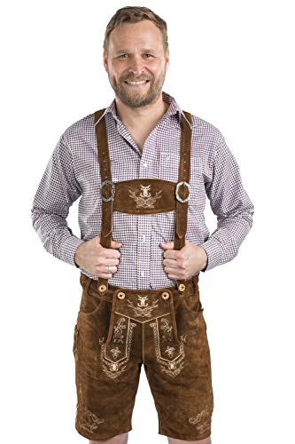 Schöneberger Trachten Couture Men Pants Lederhosen Oktoberfest Germany Pants Lederhose Alpenjaeger (US:48'/EU:64) Medium Brown