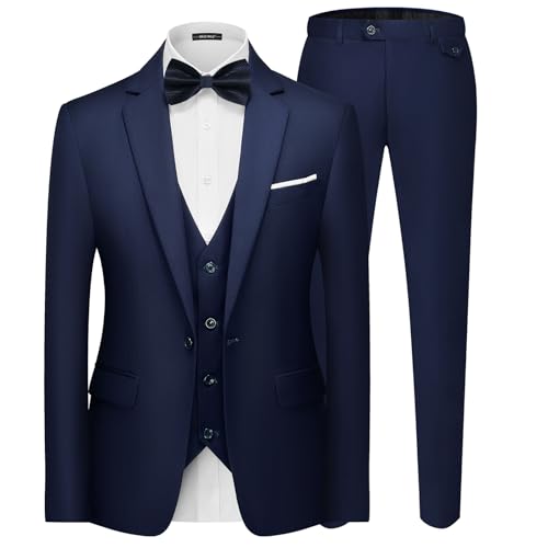 MAGE MALE Men's 3 Pieces Suit Elegant Solid One Button Slim Fit Single Breasted Party Blazer Vest Pants Set. Navy Blue