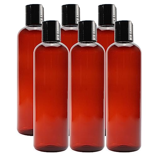 Cornucopia Brands 8oz Empty Plastic Bottles with Disc Top Flip Cap (6 pack); BPA-Free Containers For Shampoo, Lotions, Liquid Body Soap, Creams (8 ounce, Amber Brown)